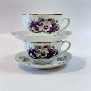 Vintage Teacup & Saucer Set Pair of 2 Purple Pansy Floral w Gold Trim Japan